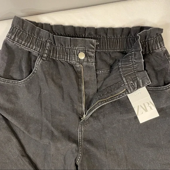NWT Zara Black Elastic Paper Bag Waist Ultra High Rise 100% Cotton Jeans Size XL - Picture 7 of 16